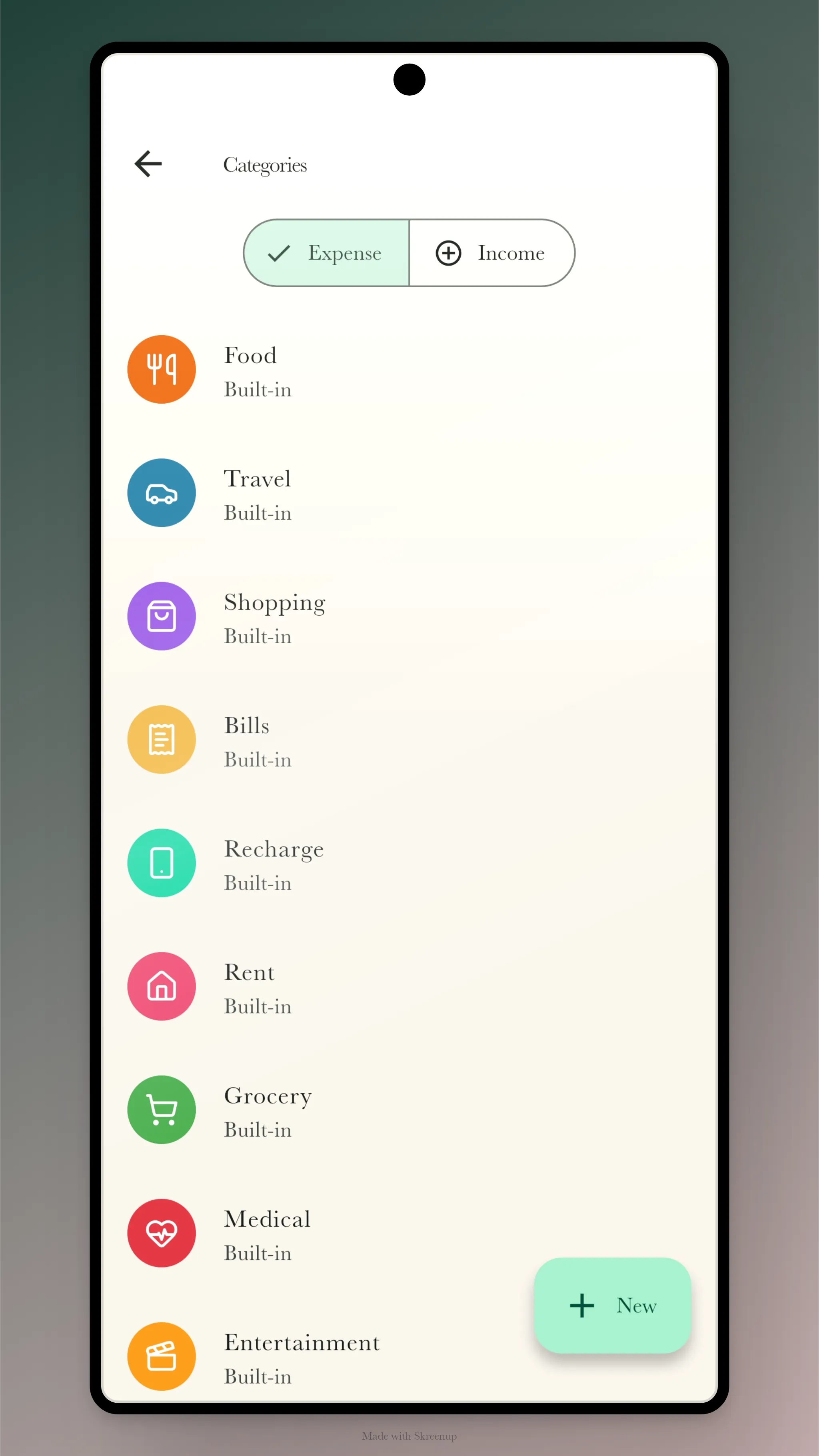 Categories screen