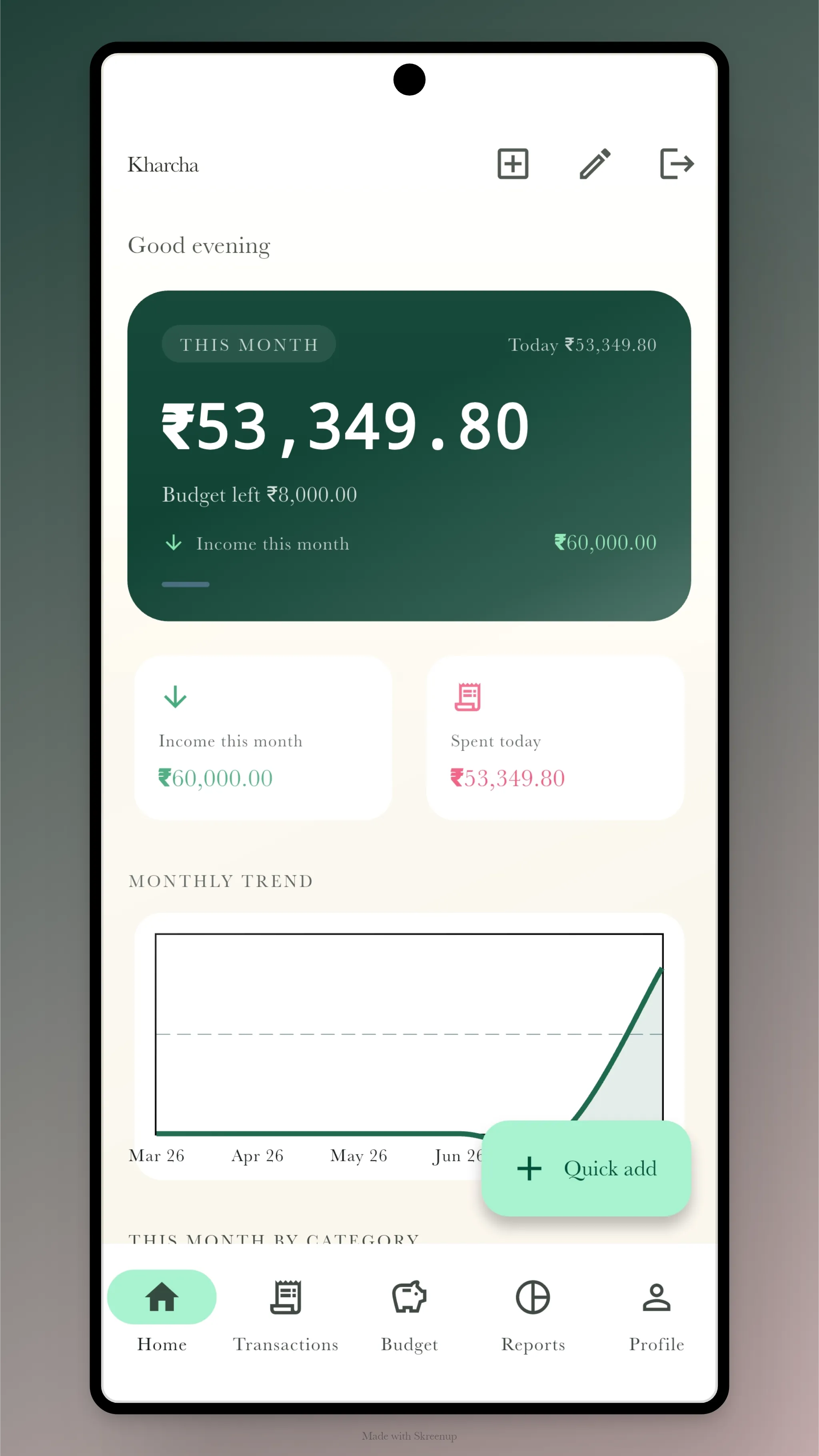 Kharcha home screen showing today's spend and monthly trend