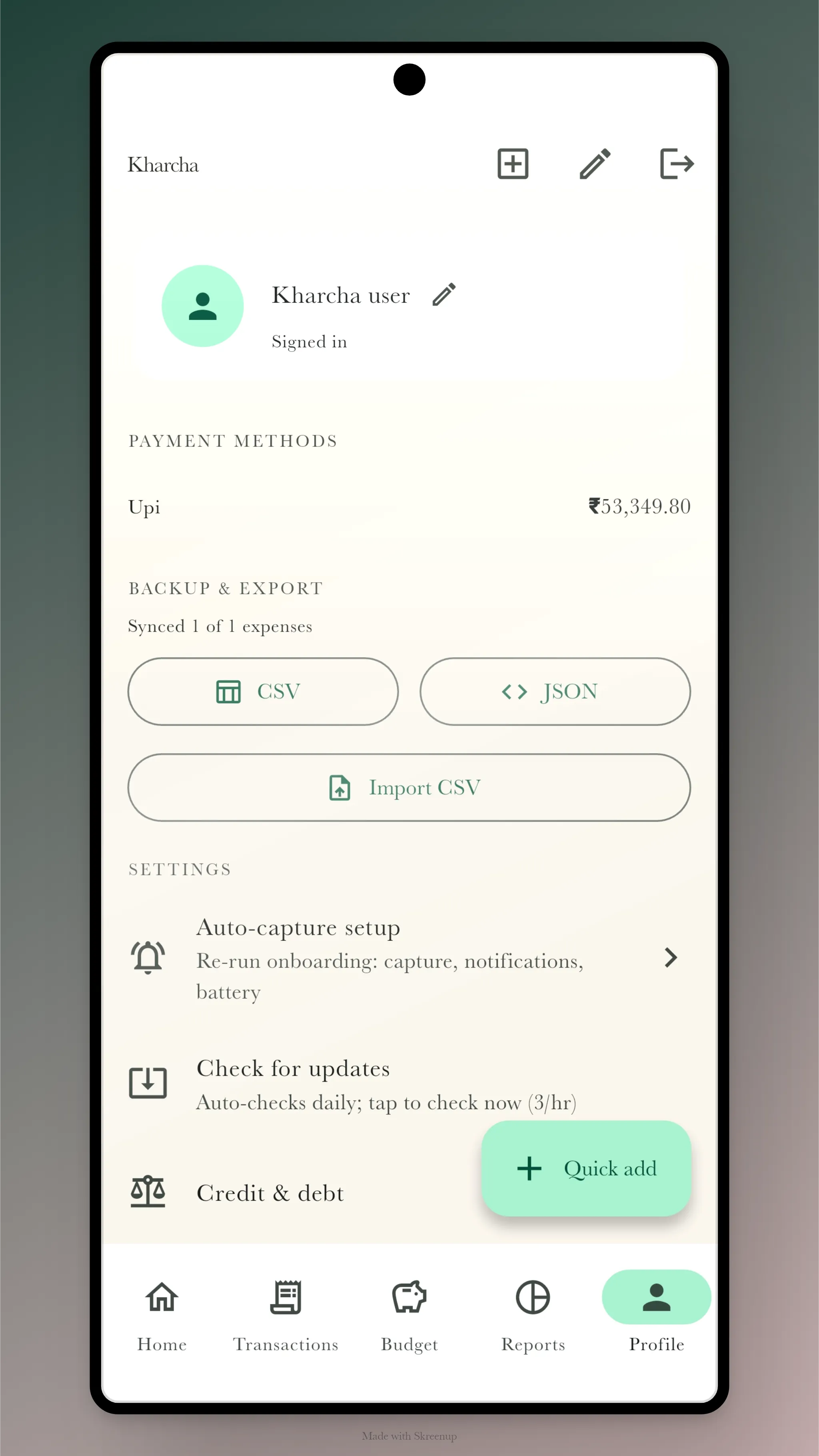 Profile screen