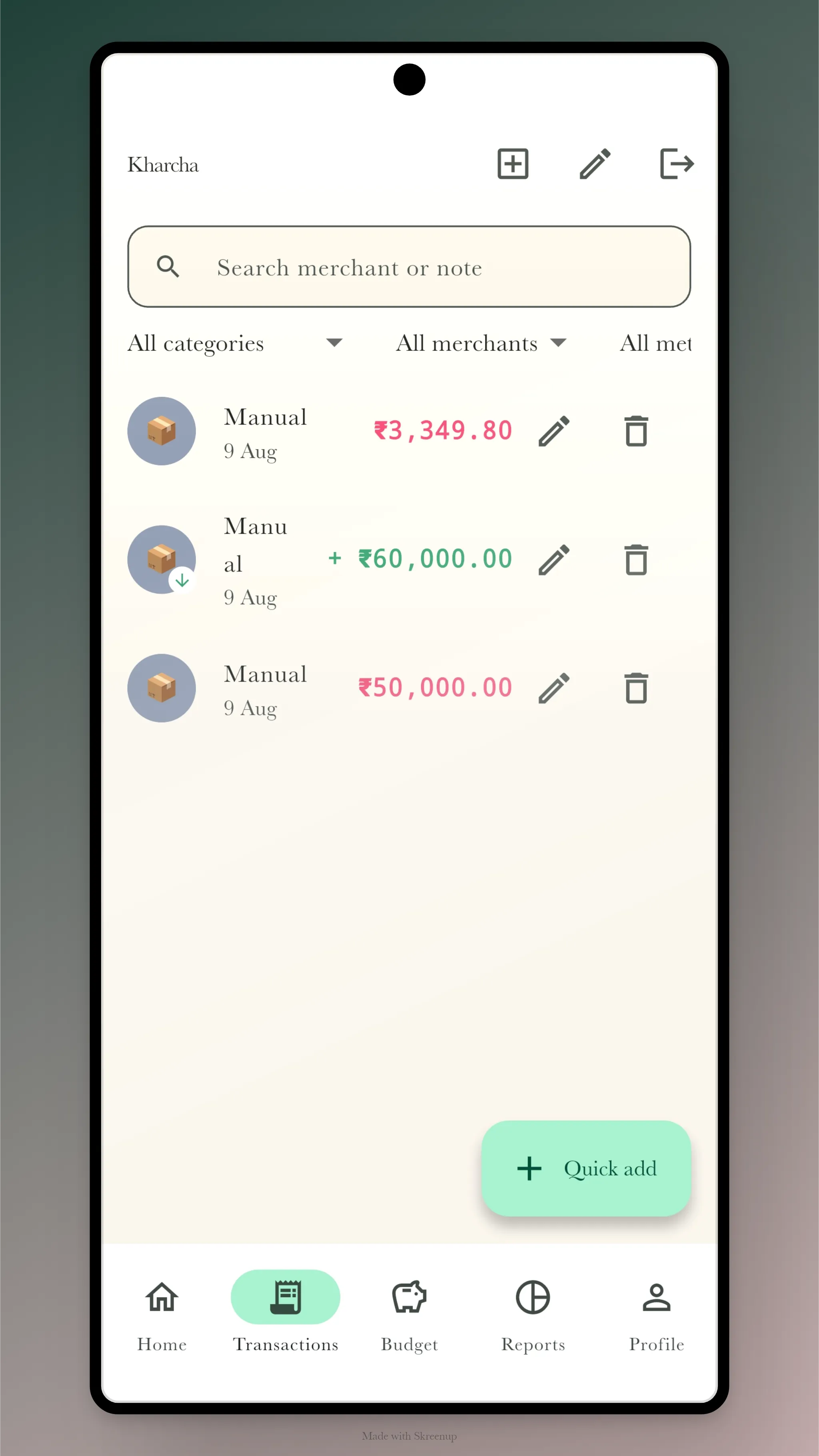 Transactions list